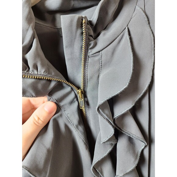 Express Womens Size 4 Gray Chiffon Ruffled Zip Front High Neck Top Blouse - Picture 2 of 6